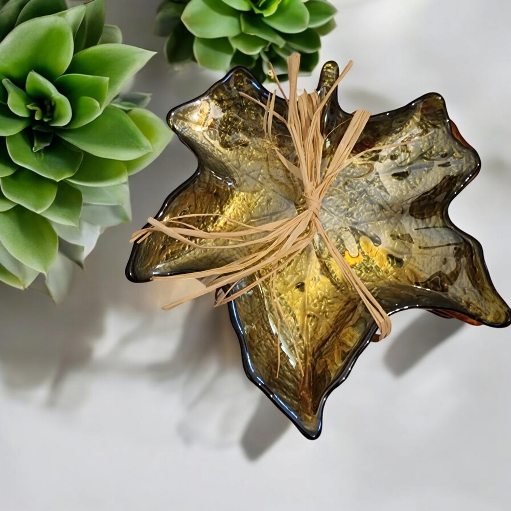 Akcam Glass Rustic Tone Colors 4  Harvest  Fall Set Plates Maple Leaf NWOT